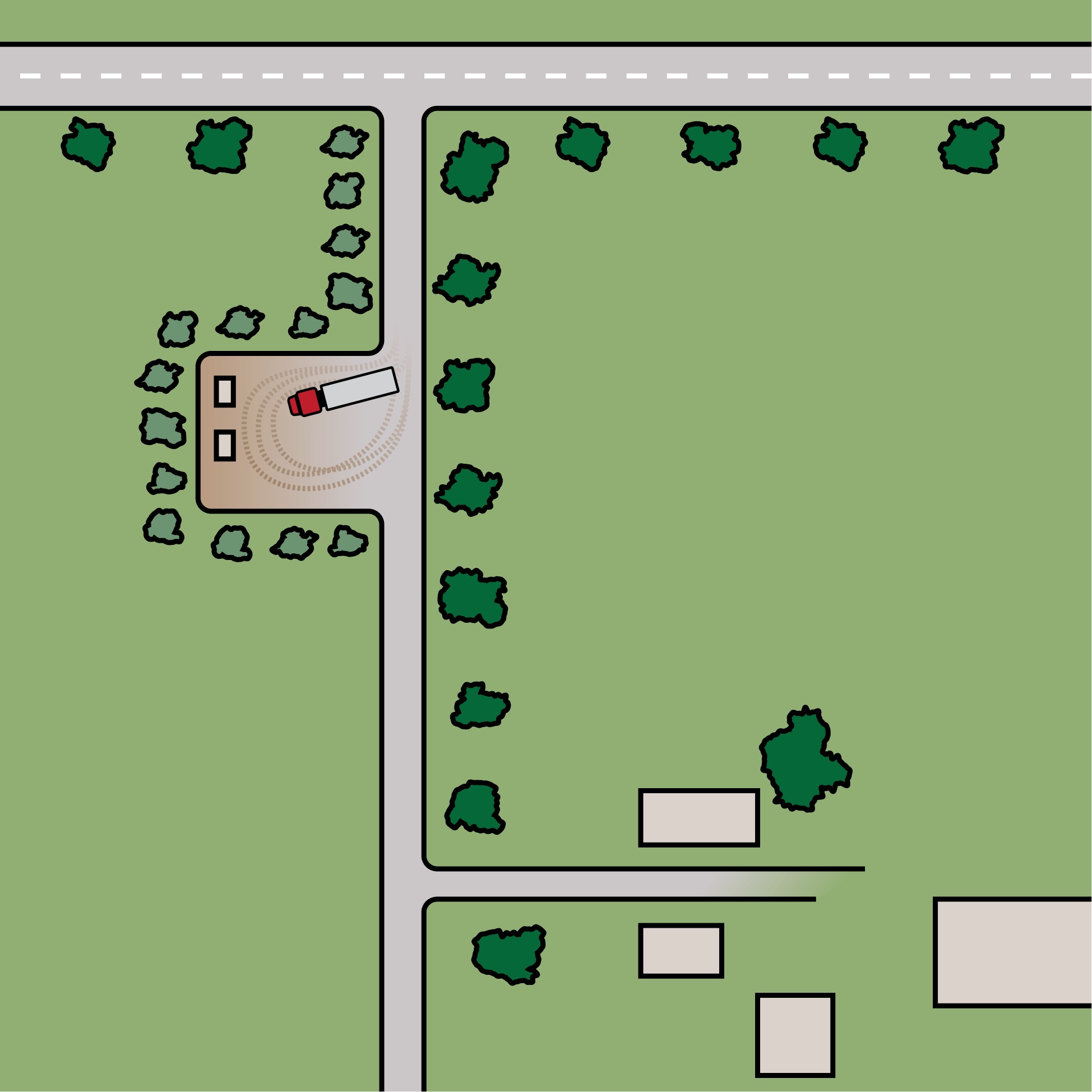 Illustration of a farmstead showing the storage and pick-up area for deadstock. The site is mid-way down the laneway surrounded by trees so as to protect it from public view.