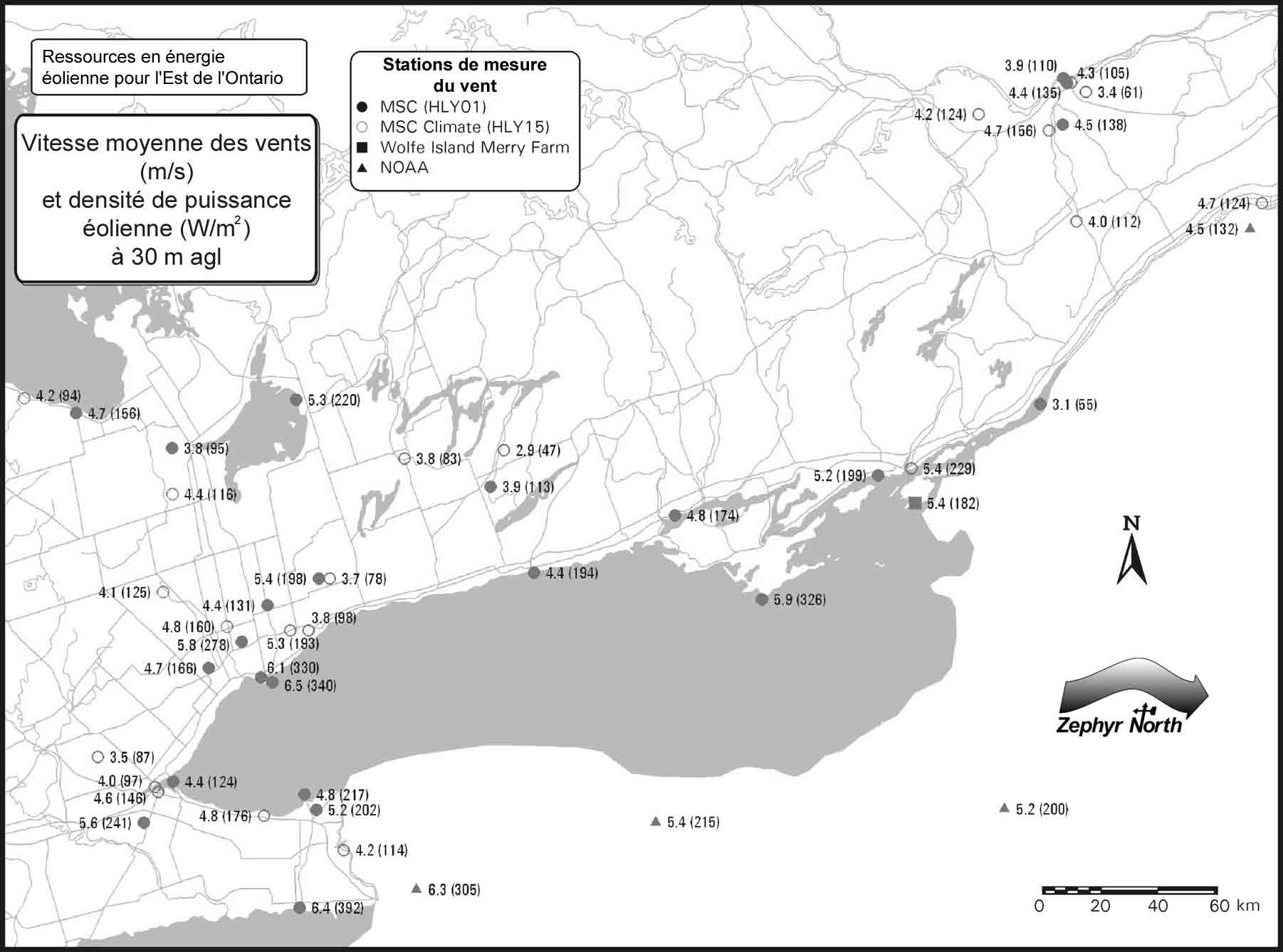 Carte des vents de l’Est de l’Ontario