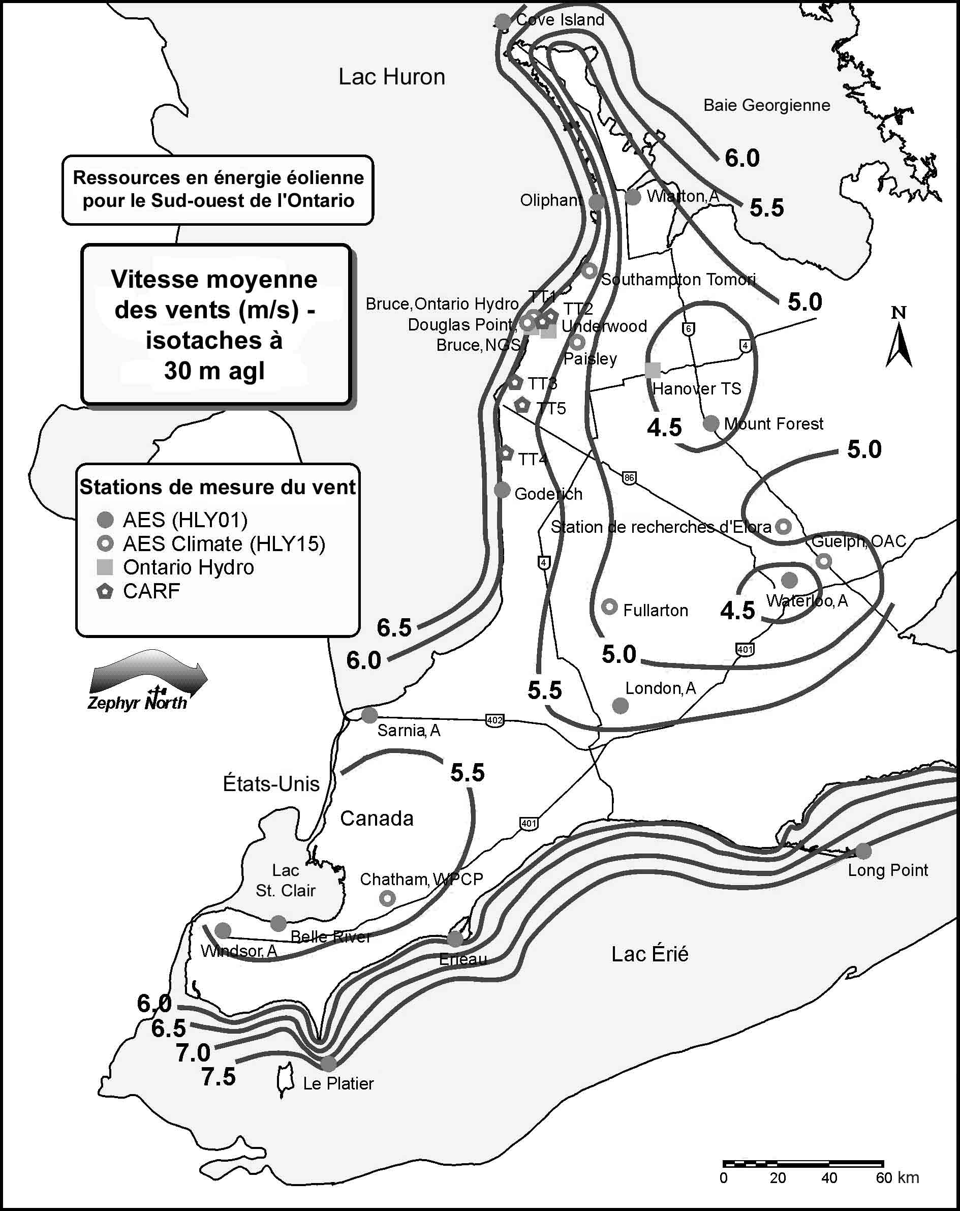 Carte des vents du Sud-Ouest de l’Ontario. Nota : a.g.l. = above ground level (au-dessus du niveau du sol)