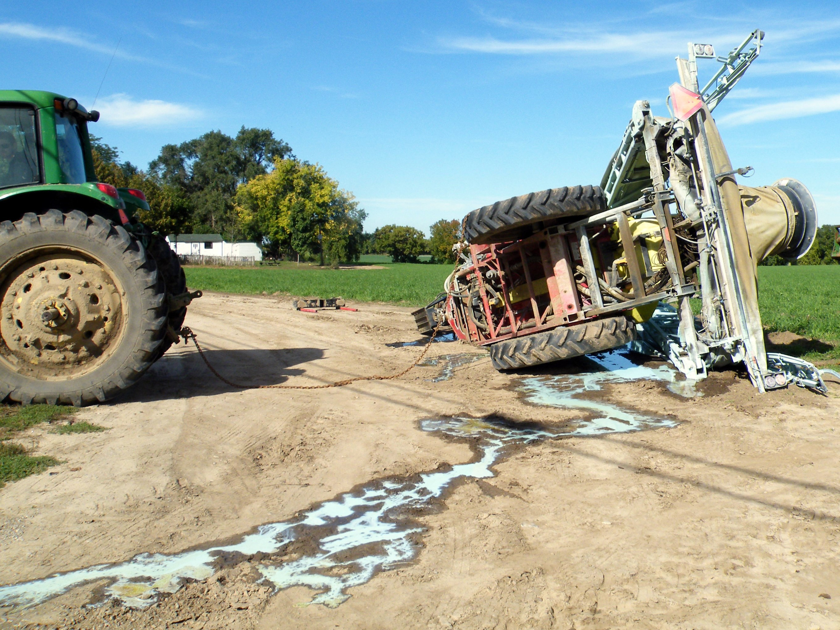 This sprayer operator took a tight turn too quickly on soft ground with a full tank, resulting in equipment damage and a pesticide spill.
