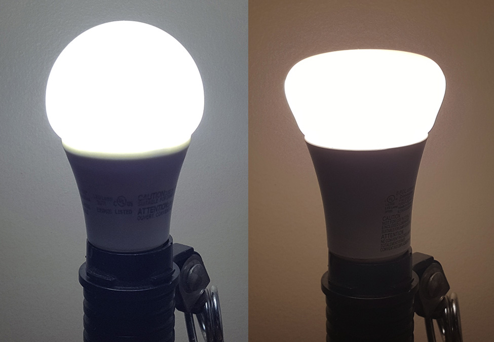 Photo shows an operating A19 LED bulb on the left having a Kelvin rating of  5,000K  which is considered the equivalent of noon daylight in direct sun.  Photo shows an operating A19 LED bulb on the right having a Kelvin rating of 2,700K which is considered the equivalent of early sunrise or current Incandescent bulbs.