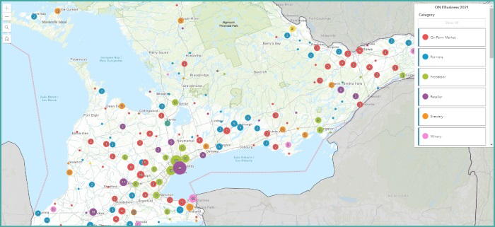 Image d’une carte identifiant l’emplacement de producteurs d’aliments locaux, de marchés de producteurs, de détaillants, de jardineries, de serres, de pépinières et d’associations agricoles en Ontario.
