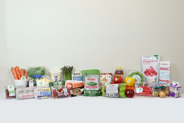 Image of many Ontario-grown and made products using the Foodland Ontario logo on their product packaging.