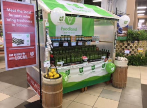 This is a picture of a retail display at a Sobeys store located in Ajax. The retail display is prominently featuring Ontario asparagus accompanied by Foodland Ontario point-of-sale materials, such as a flag, balloons and base wrap, and signage from Sobeys communicating to eat better and choose local. The retail display is a promotional tactic used by the Foodland Ontario program in conjunction with Ontario farmers and retail grocery stores, such as Sobeys, to encourage more shoppers to buy local.