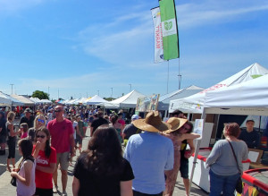 C'est une photo d'agriculteurs locaux dans leurs kiosques et de personnes achetant des aliments locaux au marché de producteurs de North Bay situé à North Bay.