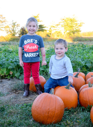 This is a picture of Breann and Kyle Gillespie's two children standing in an Ontario pumpkin patch at their on-farm market. Breann and Kyle are the owners of Bre's Fresh Market located near Tillsonburg in Oxford County.