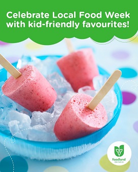 The image has a polka dot background with 3 berry ice pops stuck in a blue bowl of ice. The green text box at the top of the image reads: Celebrate Local Food Week with kid-friendly favourites. The Foodland Ontario logo appears in the bottom right corner.