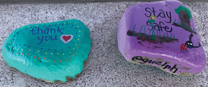 L'image montre deux roches peintes. La roche à gauche est turquoise et les mots " thank you " sont peints dessus avec un cœur. La roche à droite est mauve avec des dessins et les mots " stay safe " et " @guelph " peints en noir.