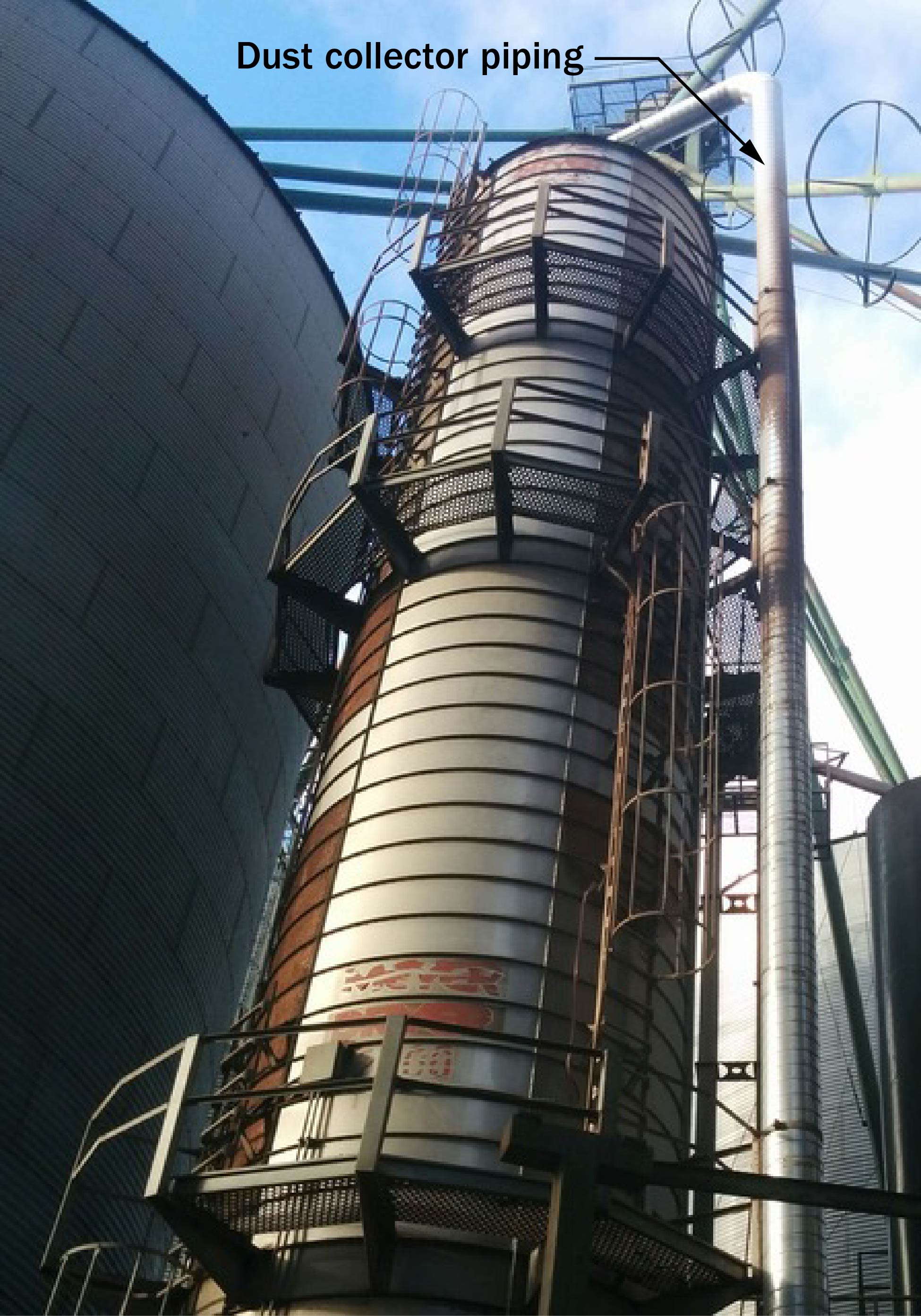 A tower dryer with dust control piping attached. Piping is connected to a cyclone filter to remove fines and red-dog from grain as it enters the top of the dryer.