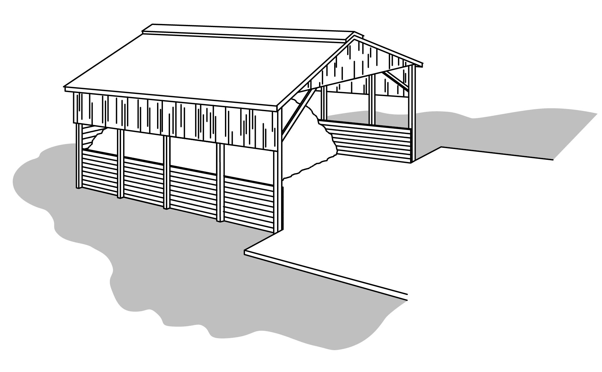Dessin tridimensionnel d’une structure de stockage de fumier solide ouverte sur le devant, avec trois parois partiellement ouvertes et un toit.