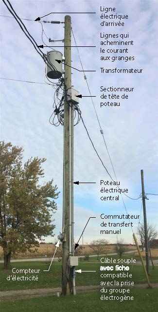 La photo montre un poteau électrique central sur une ferme, qui est muni d’un transformateur dans le haut, d’un compteur d’électricité, d’un commutateur de transfert manuel, d’un câble et d’une fiche servant à raccorder un groupe électrogène portatif.