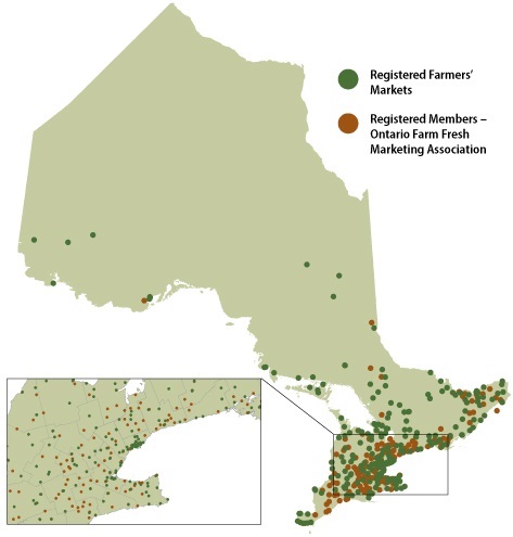 This map shows that there are 175 farmers markets registered with Farmers' Markets Ontario and 300 registered members of the Ontario Farm Fresh Marketing Association (e.g., on-farm markets, community supported agriculture (CSA) initiatives) across Ontario, contributing to increasing the supply and sales of locally grown food.