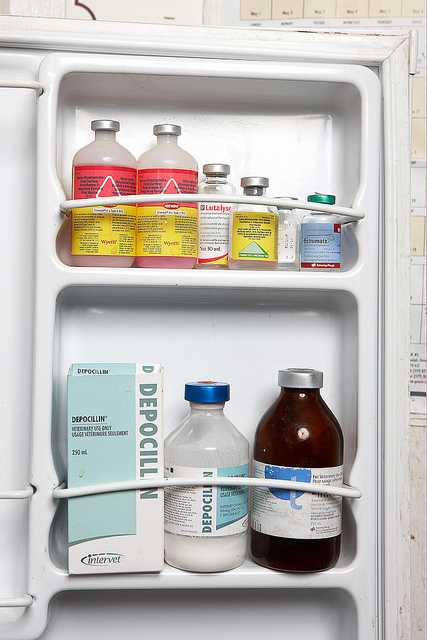 inside of open fridge door showing proper livestock medication storage