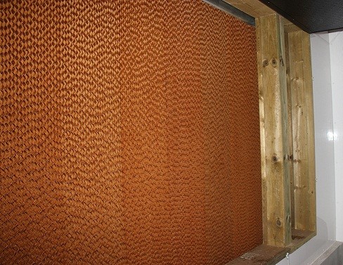Picture of an evaporative cooling pad from inside the barn. The corrugated make-up of the reddish-brown pad material is visible.