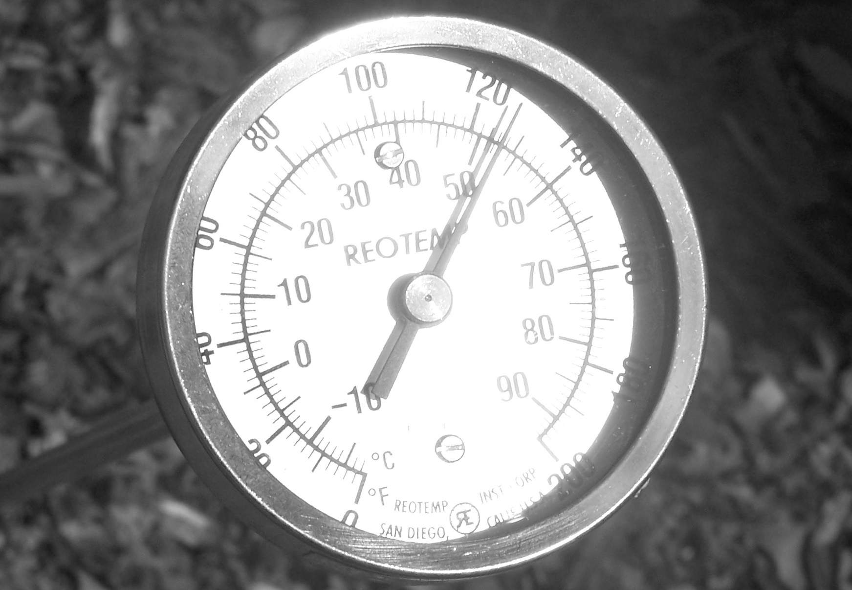 Thermomètre à longue tige inséré dans l’andain de compost et affichant une température de 51 °C (124 °F)