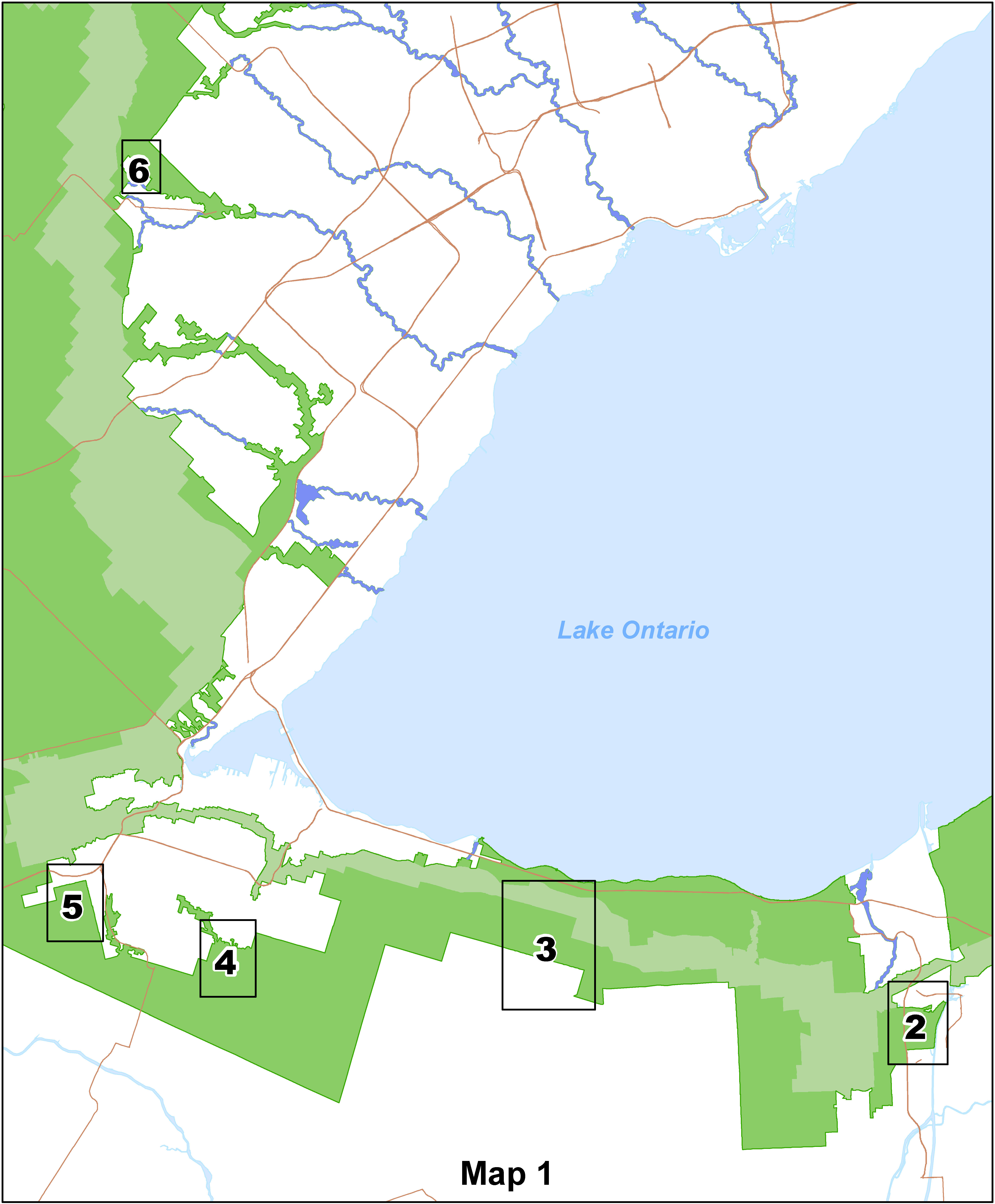 A key map detailing additions to the Protected Countryside separated into 5 smaller areas.