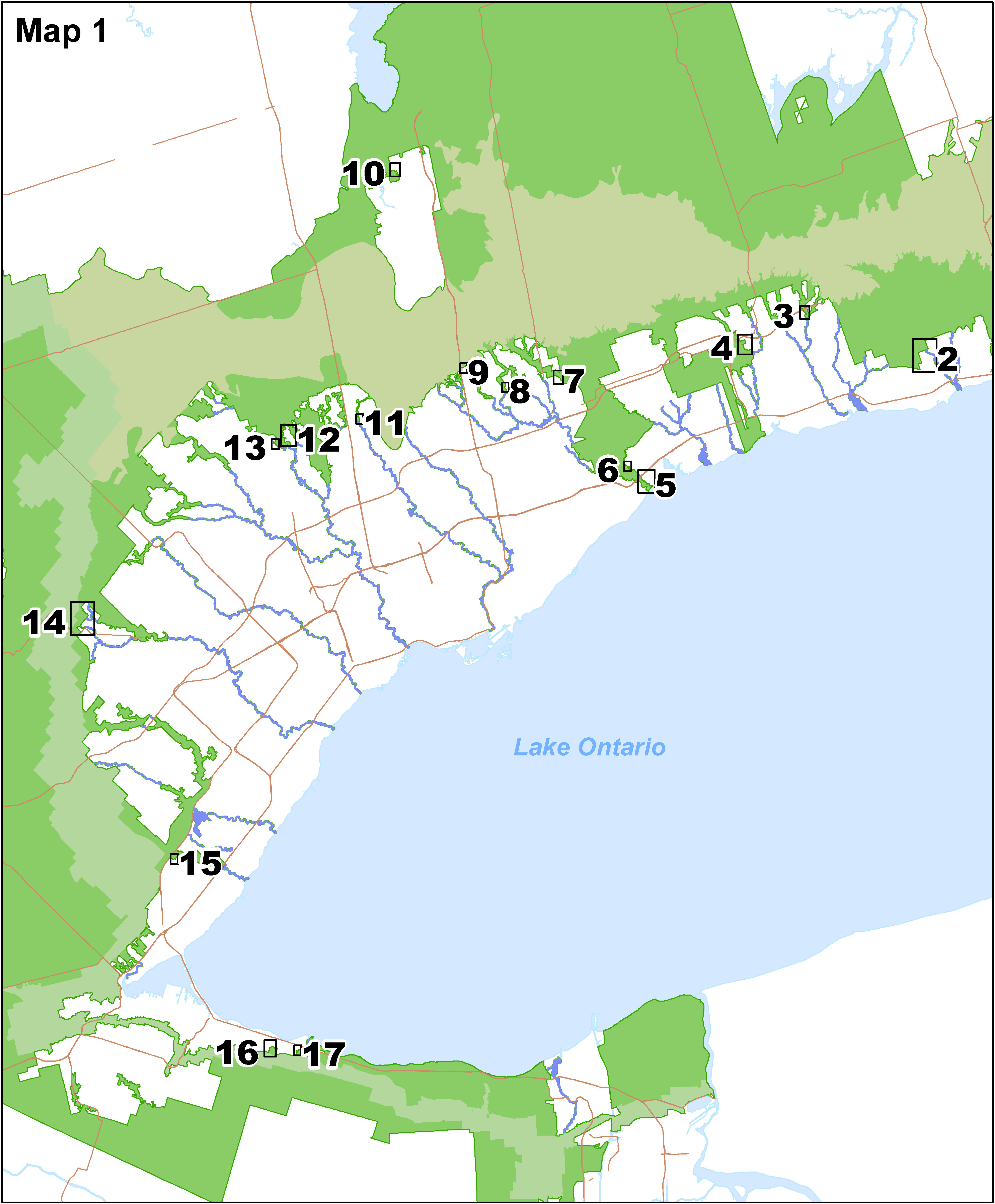 A key map detailing removals to the Protected Countryside separated into 16 smaller areas.