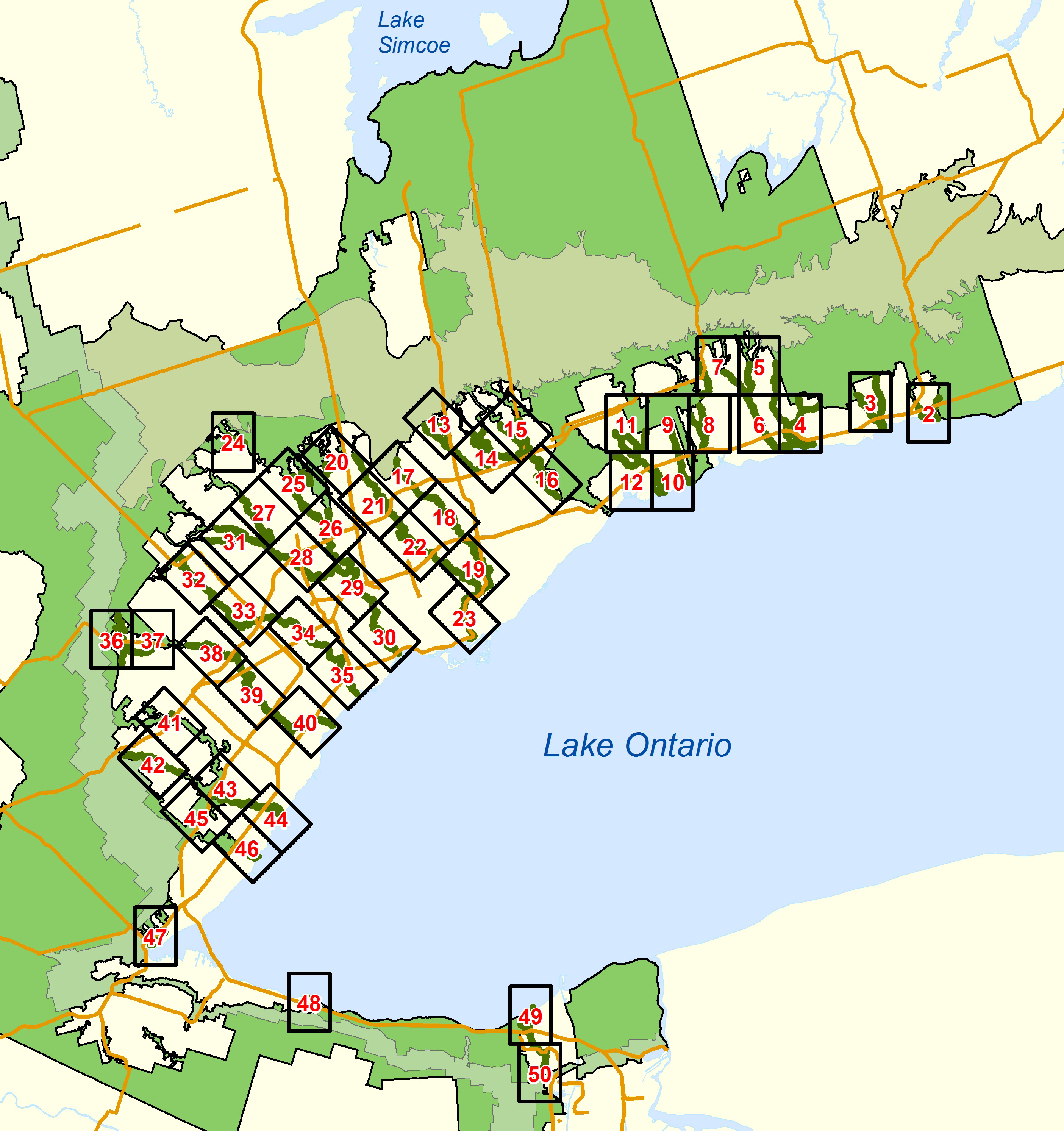 A key map detailing the Urban River Valley Areas separated into 49 smaller areas