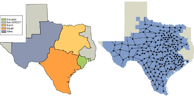 Two maps of Texas, showing electricity zones and nodes.