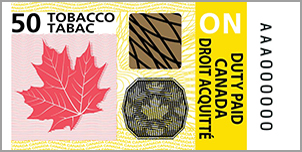 50 grammes - échantillon de l'estampille de tabac fédérale adaptée pour l'Ontario comprenant des caractéristiques de sécurité et un fond jaune avec les lettres « ON ».