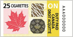 25 cigarettes — sample of the Ontario-adapted federal tobacco stamp, which contains security feature and has a yellow background with the letters 'ON'.
