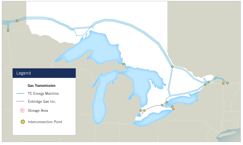 A map showing natural gas pipelines in Ontario.