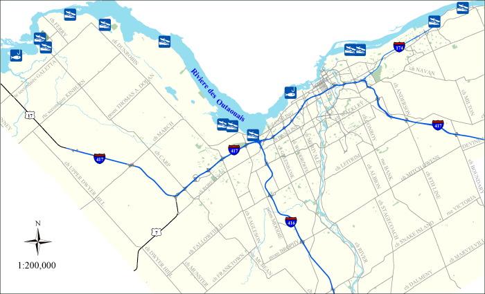Carte montrant les lieux de pêche sur la rivière des Outaouais