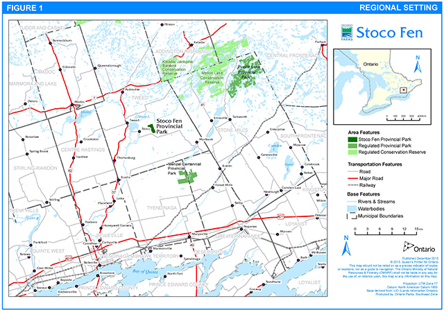 Figure 1 - Regional Setting. A map of the area surrounding Stoco Fen Provincial Park. Stoco Fen Provincial Park is located in the Municipality of Tweed. Puzzle Lake Provincial Park is northeast of Stoco Fen Provincial Park and Menzel Centennial Provincial Park is to the south. Kaladar Jackpine Barrens Conservation Reserve and Mellon Lake Conservation Reserve are located north of Stoco Fen Provincial Park.