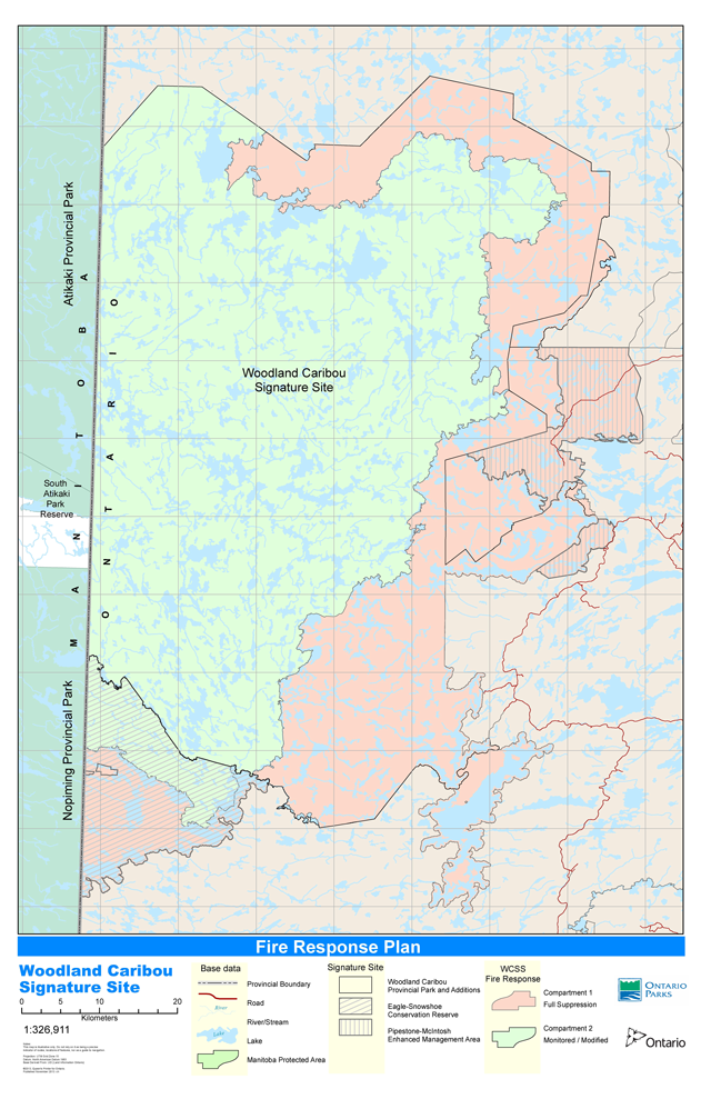 The Woodland Caribou Signature Site has been divided into two fire management compartments reflecting the preferred fire management approach. The boundaries of the two compartments may change over time in response to new information or landscape changes.
Fire Compartment 1
Fire Compartment 1 is found generally in the north east, east and southern extents and comprises 43% of the Woodland Caribou Signature Site. Fires occurring in Fire Compartment 1 are associated with a significant risk of escape due to the proximity of the compartment to the boundary of the site. Fires in this compartment may have the greatest potential to cause social disruption or adversely affect wood supply or other values adjacent to the site. This compartment also contains significant woodland caribou habitat requiring protection from wildland fire. Fires occurring in this compartment will be assigned the highest priority for fire suppression and will receive full response within program capacity and safety considerations.
Fire Compartment 2
Fire Compartment 2 generally encompasses the reminder of the signature site (57%) and could be described as the geographic core of the signature site westward to the Ontario\Manitoba Provincial boundary. The preferred response option in this compartment is a monitored or modified response, although the full range of response options are available (full, modified, monitored). This will help to allow natural fire to occur within the signature site.