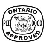 Illustration of two inspection legends. The first illustration has two rounded squares, one inside of the other. The inner rounded square contains a stylized version of the Ontario coat of arms. The outer rounded square contains the bold text "Ontario" above the inner rounded square and "Approved" below the inner rounded square. The outer rounded square also contains the text "PLT." to the left of the inner rounded square and "000" to the right of the inner rounded square. The second illustration has two rounded squares, one inside of the other. The inner rounded square contains a stylized version of the Ontario coat of arms. The outer rounded square contains the bold text "ONTARIO" above the inner rounded square and "APPROVED" below the inner rounded square. The outer rounded square also contains the text "PLT." to the left of the inner rounded square and "0000" to the right of and overlapping the inner rounded square. This text alternative is provided for convenience only and does not form part of the official law.