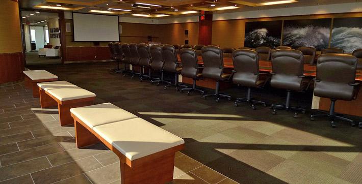 Photo of the benches and view of the entrance to the Collaboration Boardroom
