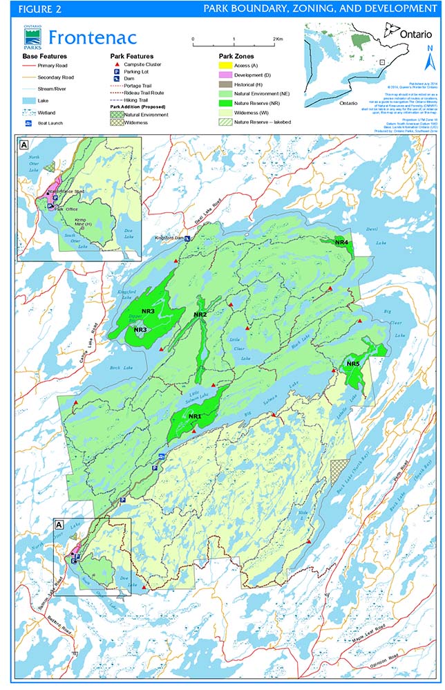 This is a map of Frontenac Provincial Park’s park boundary, zoning and development. The park’s hiking trails, roads, lakes and wetlands are identified on the map. The regulated park boundary has seven zones: access, development, historical, natural environment, nature reserve, wilderness, and lakebed nature reserve. Proposed park additions are also identified on the map.