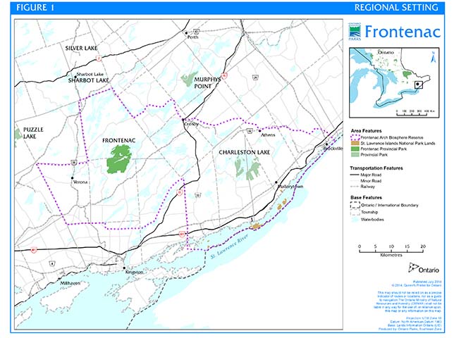 A map of the area surrounding Frontenac Provincial Park. Frontenac Provincial Park is located in the town of Sydenham, approximately 40 km north of the City of Kingston.