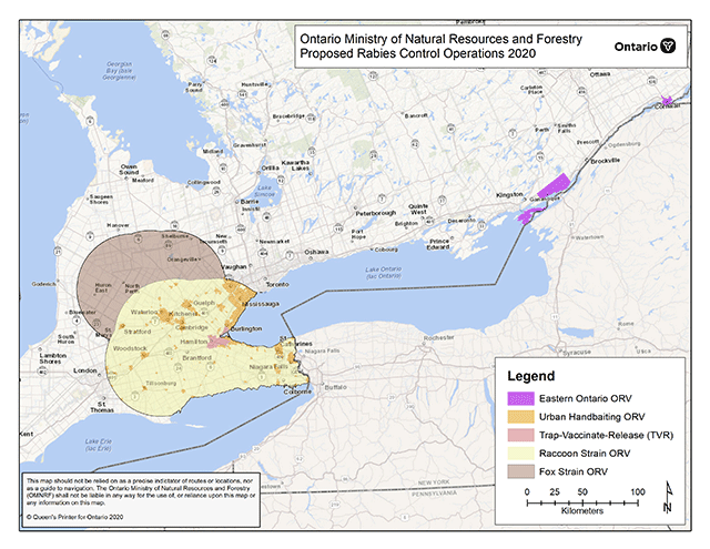 map of Ontario Ministry of Natural Resources and Forestry proposed rabies control operations 2020.