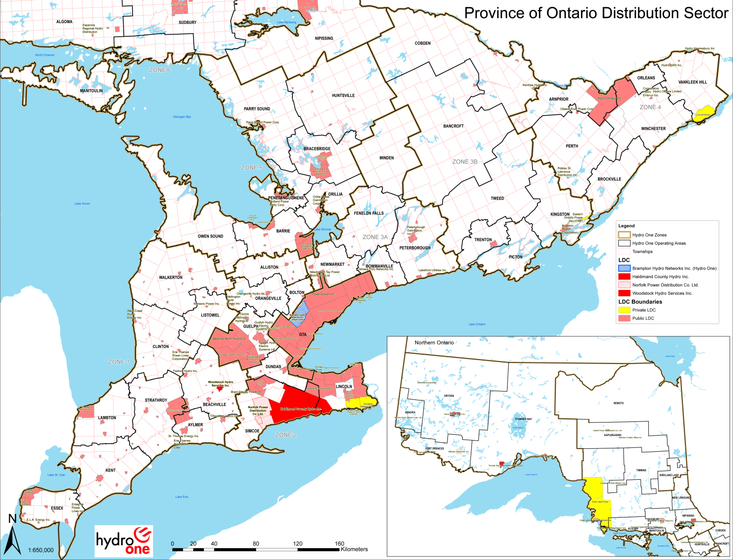 This is a map of the province of Ontario distribution sector. There are Hydro One Zones, Hydro One Operating Areas and Townships. Within these zones are local distribution companies, which include Brampton Hydro Networks Inc., Haldimand Country Hydro Inc., Norfolk Power Distribution Co. Ltd., Woodstock Hydro Services Inc.The map also shows private and public local distribution companies.