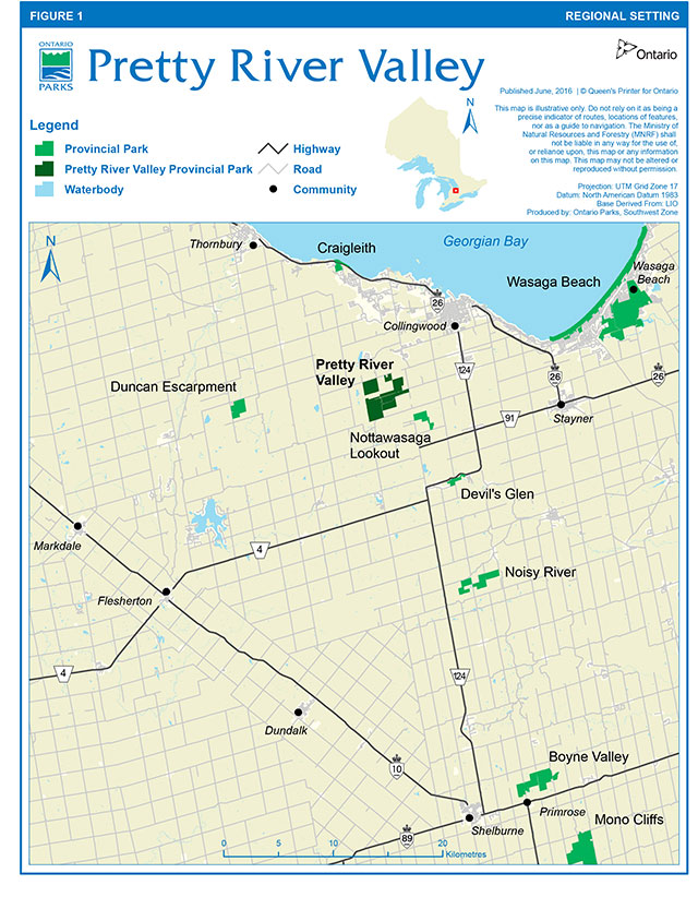 Colour map. Legend indicates provincial park area in green. James N. Allen Provincial Park is indicated with dark green. Highways are indicated with black lines. Roads with grey and commmunity with a black dot