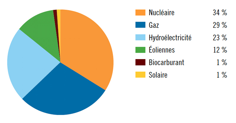 Un diagramme circulaire indiquant les pourcentages de production d’électricité.