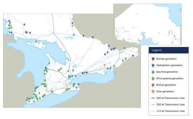 A map of Ontario's generation facilities.