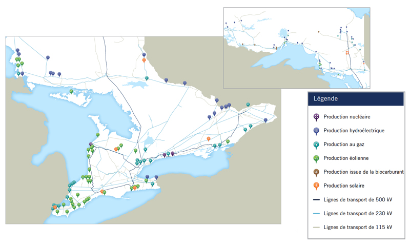 Une carte des centrales de production d’énergie de l’Ontario.