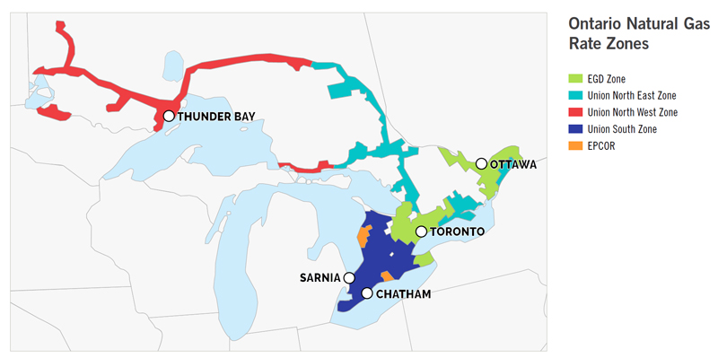 A map showing areas with natural gas in Ontario.