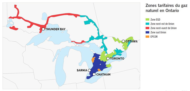 Une carte indiquant les zones où se trouve le gaz naturel en Ontario.