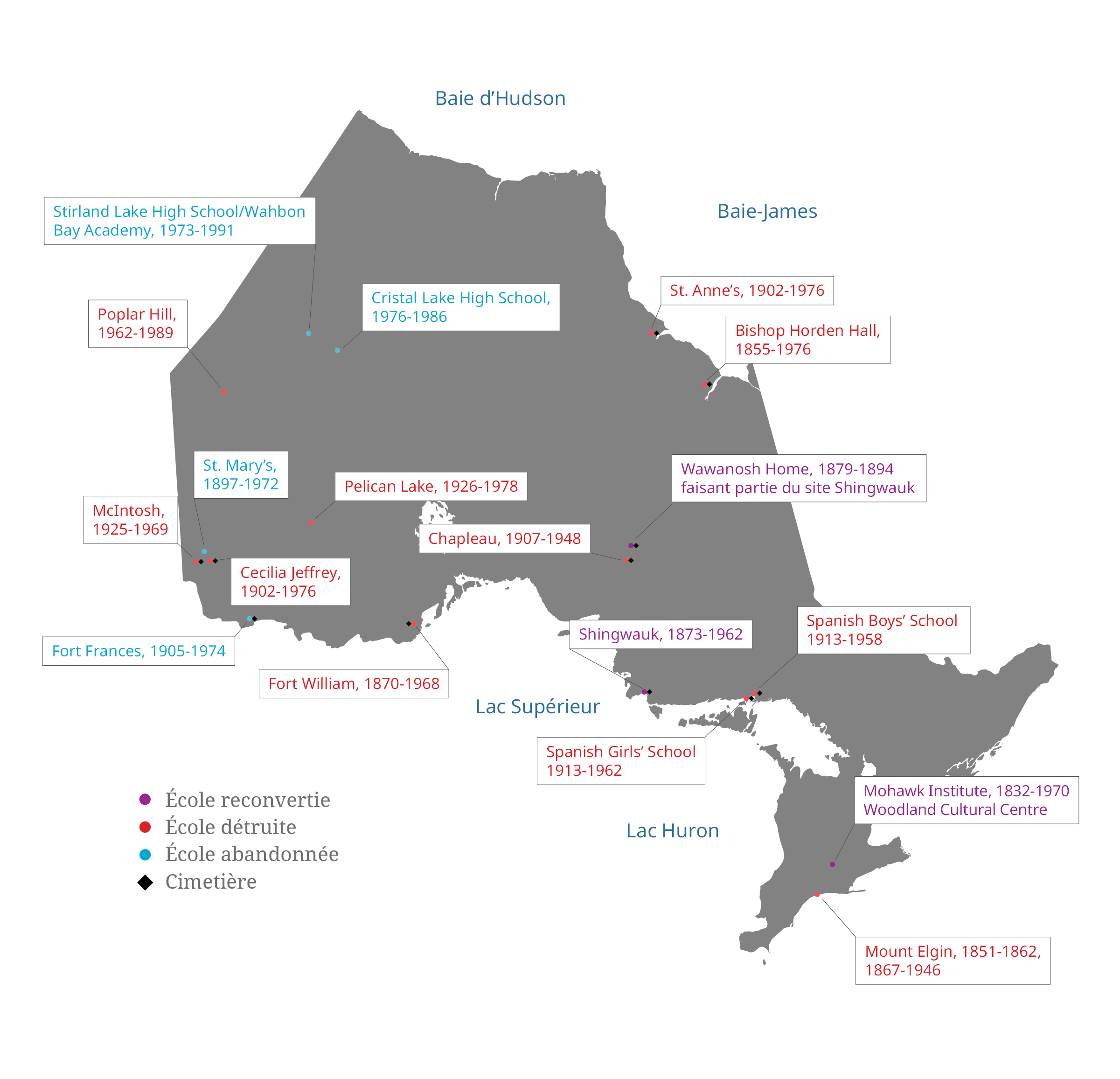Carte des pensionnats situés en Ontario reconnus par le gouvernement fédéral