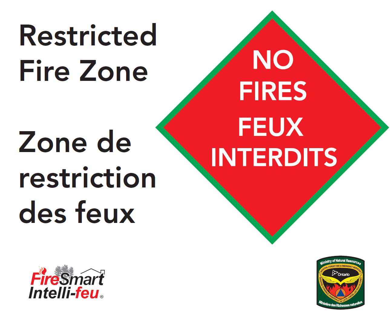 Affiche de Zone de restriction des feux vert et orange interdisant les feux dans la zone. Elle contient les icônes d’Intelli-feu Canada et des Services d’urgence, d’aviation et de lutte contre les feux de forêt.