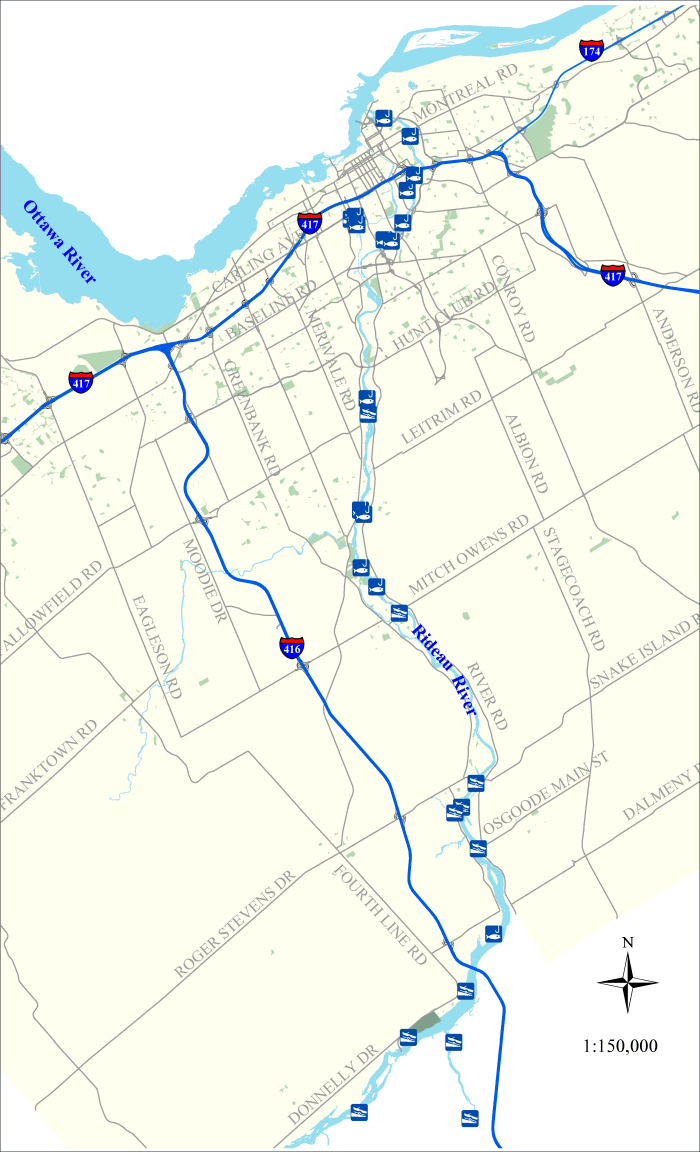 Map showing fish locations along the Rideau River