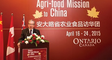 Photo of Minister Jeff Leal giving a speech in China during the Ontario Agri-Food Mission to China.