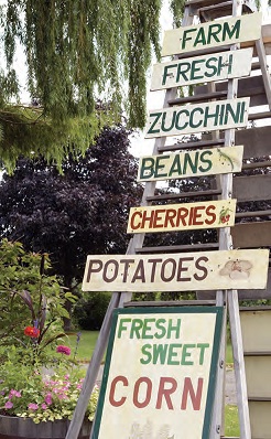Photo d’un panneau annonçant des produits agricoles en vente dans une ferme.