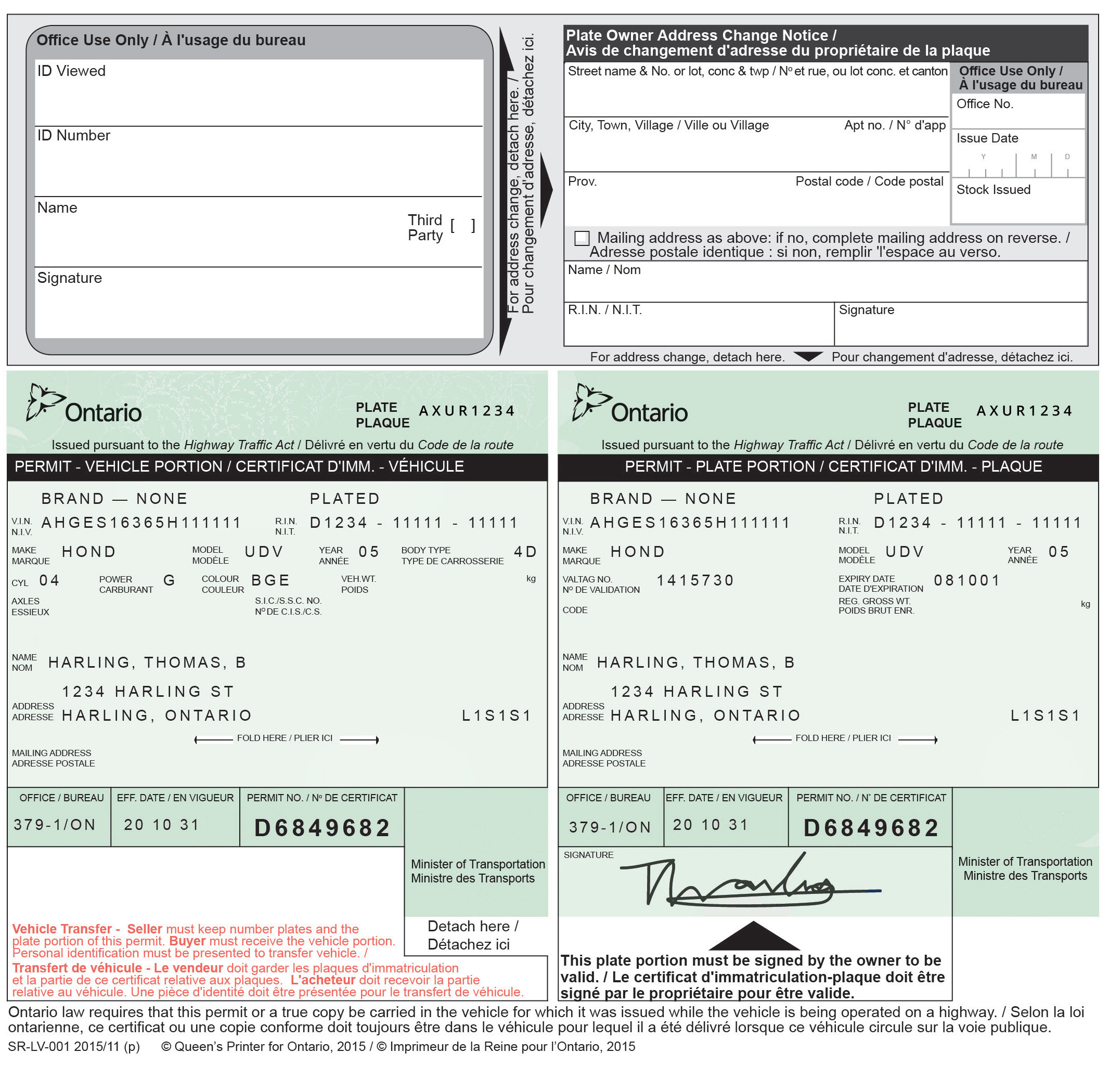 Change information on a vehicle permit | ontario.ca