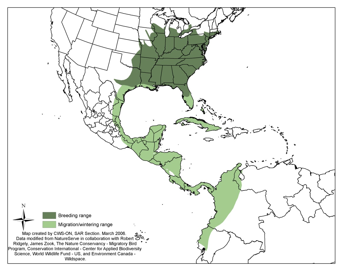 Figure 1 shows the range of the Acadian Flycatcher, differentiating breeding range from wintering range.