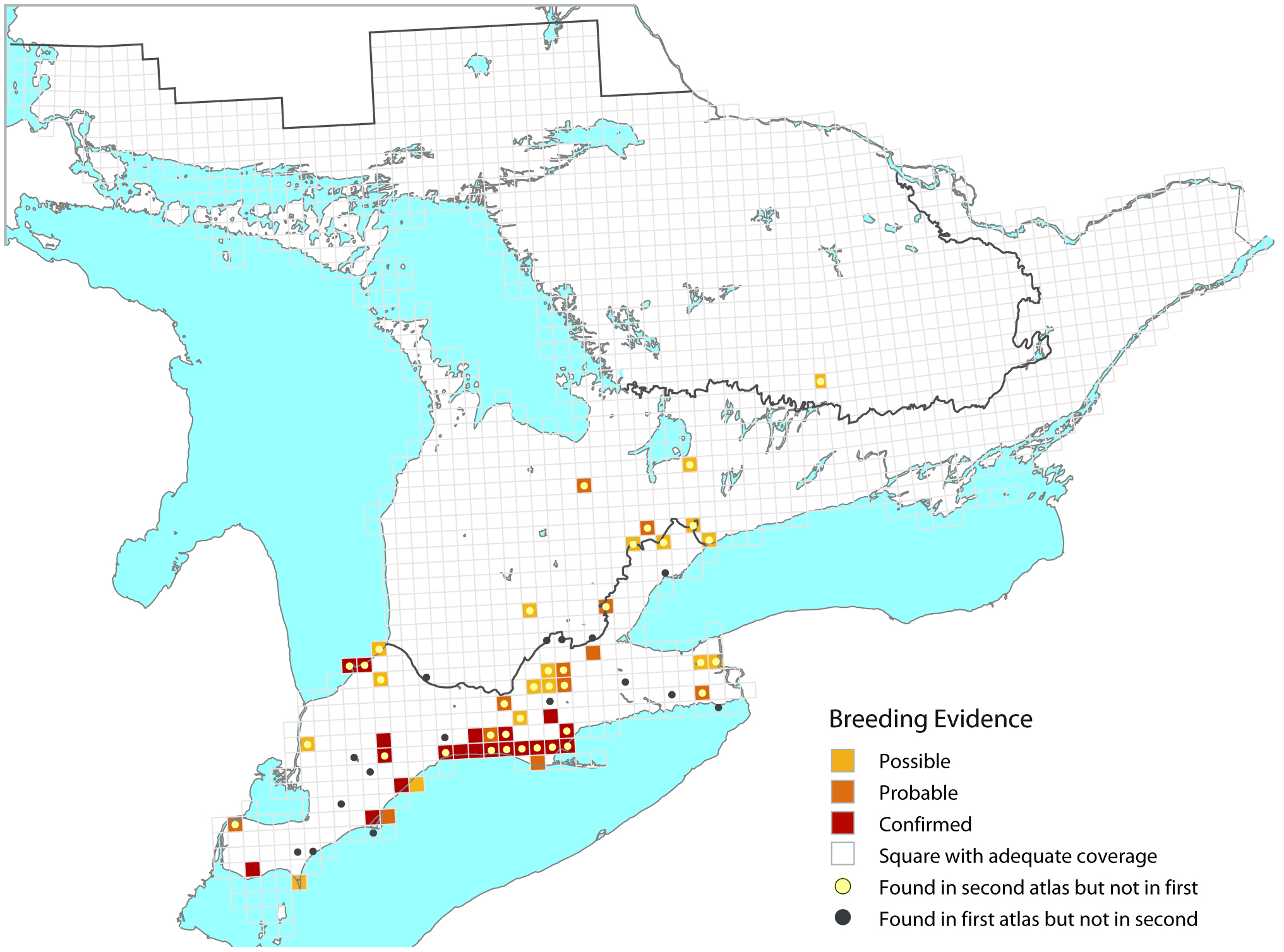 Figure 2 shows the distribution of the Acadian Flycatcher in Ontario. The map is based on Ontario Breeding Bird Atlas data and shows locations with possible, probable, and confirmed breeding evidence.