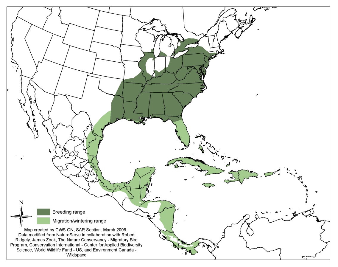 Figure 2 shows the distribution of the Acadian Flycatcher in Ontario. The map is based on Ontario Breeding Bird Atlas data and shows locations with possible, probable, and confirmed breeding evidence.